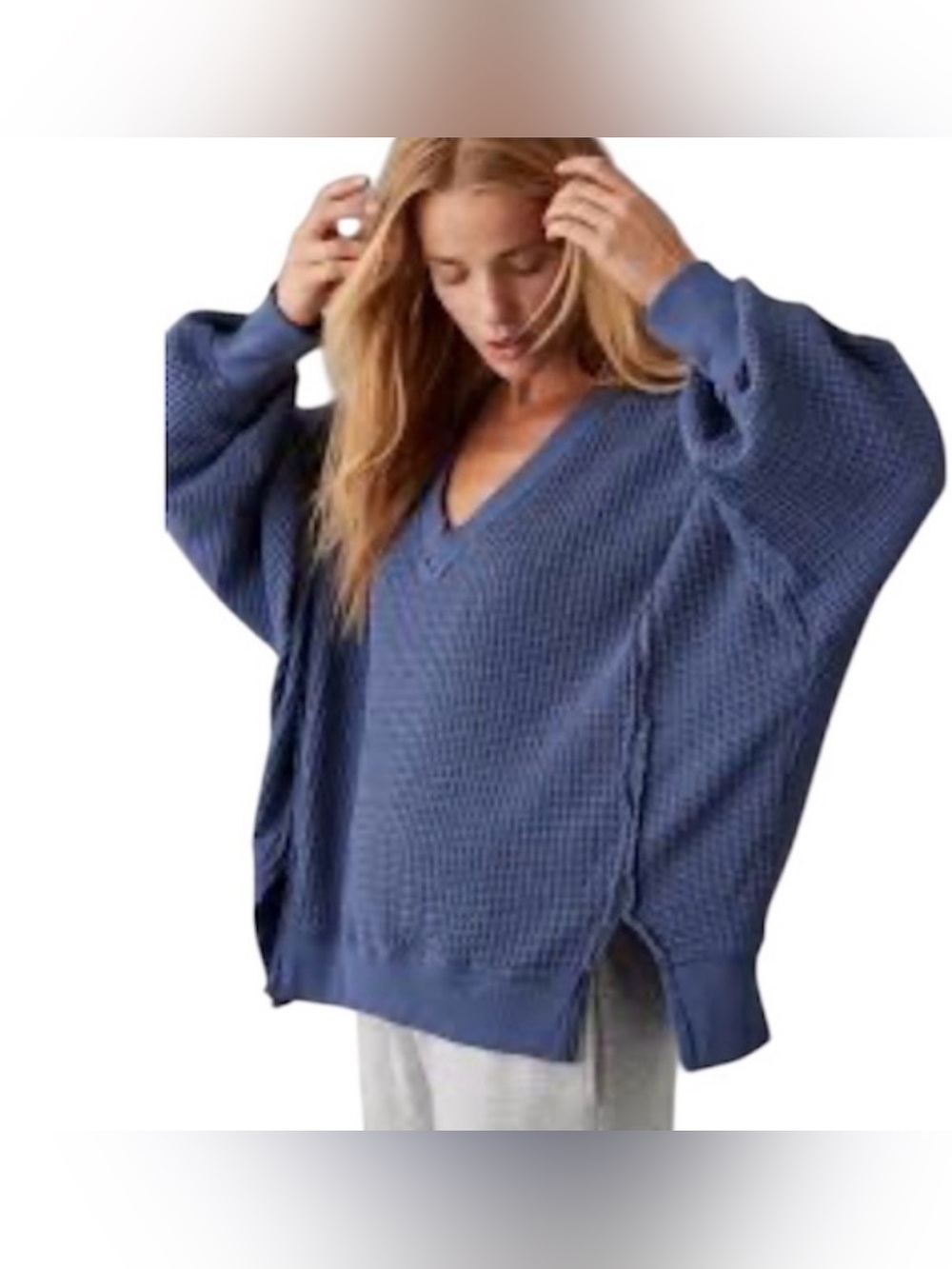 AE WOMEN'S OVERSIZED BIG HUG WAFFLE V-NECK SWEATSHIRT/PULLOVER